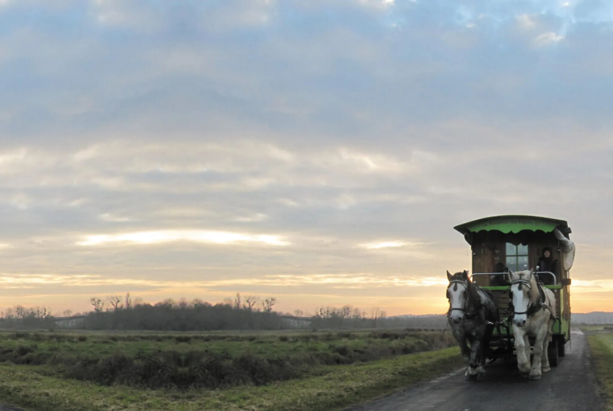 La roulotte tractée par deux chevaux de trait, sur une route au petit matin